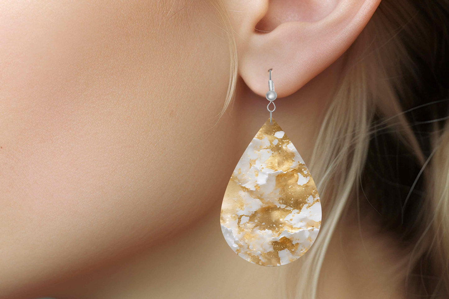 New Release Gold and White Marble Print Earrings, Teardrop Dangle Printed Earrings Jewelry Handmade