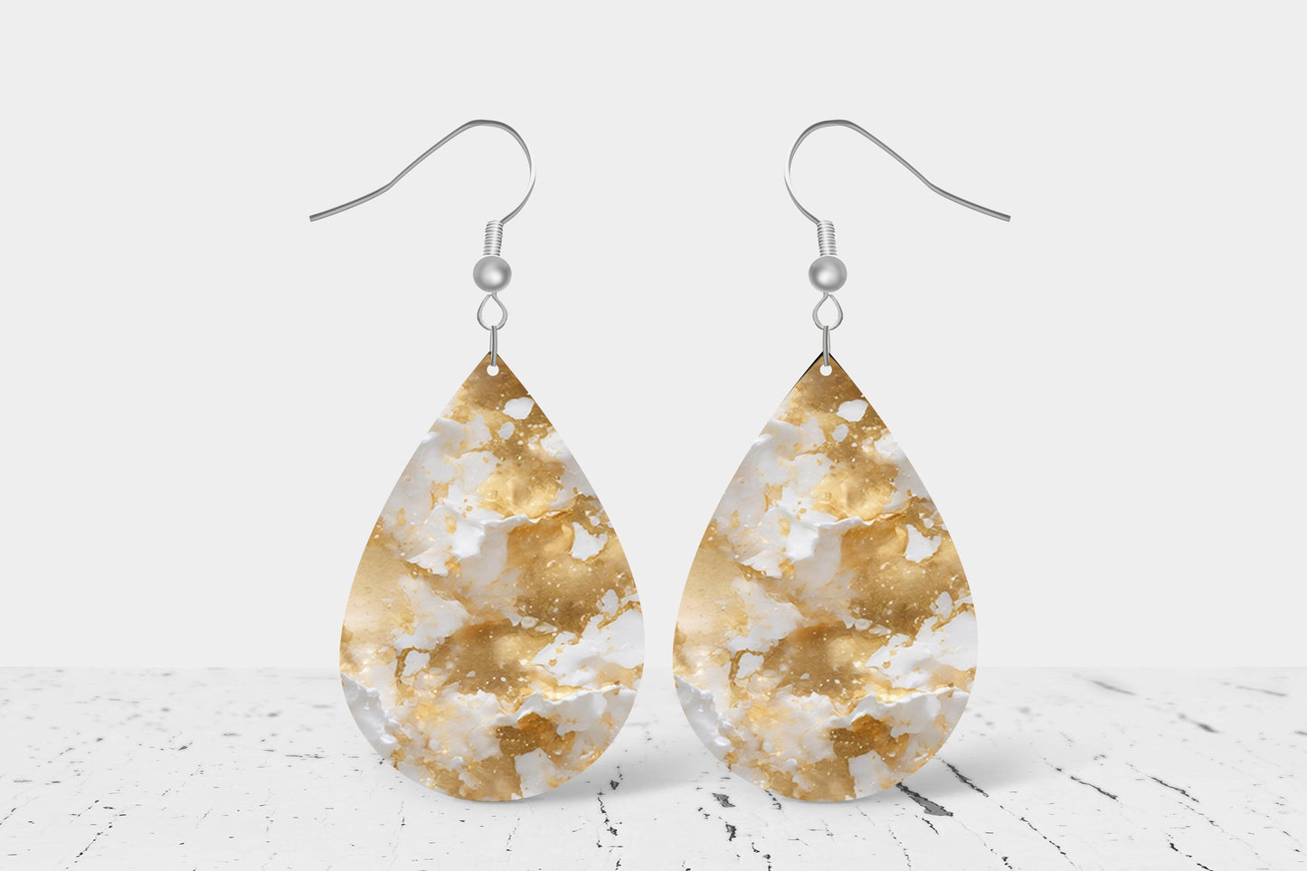 New Release Gold and White Marble Print Earrings, Teardrop Dangle Printed Earrings Jewelry Handmade