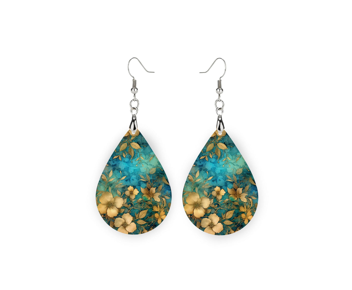 New Release Gold Blooms Print Earrings, Teardrop Dangle Printed Earrings Jewelry Handmade