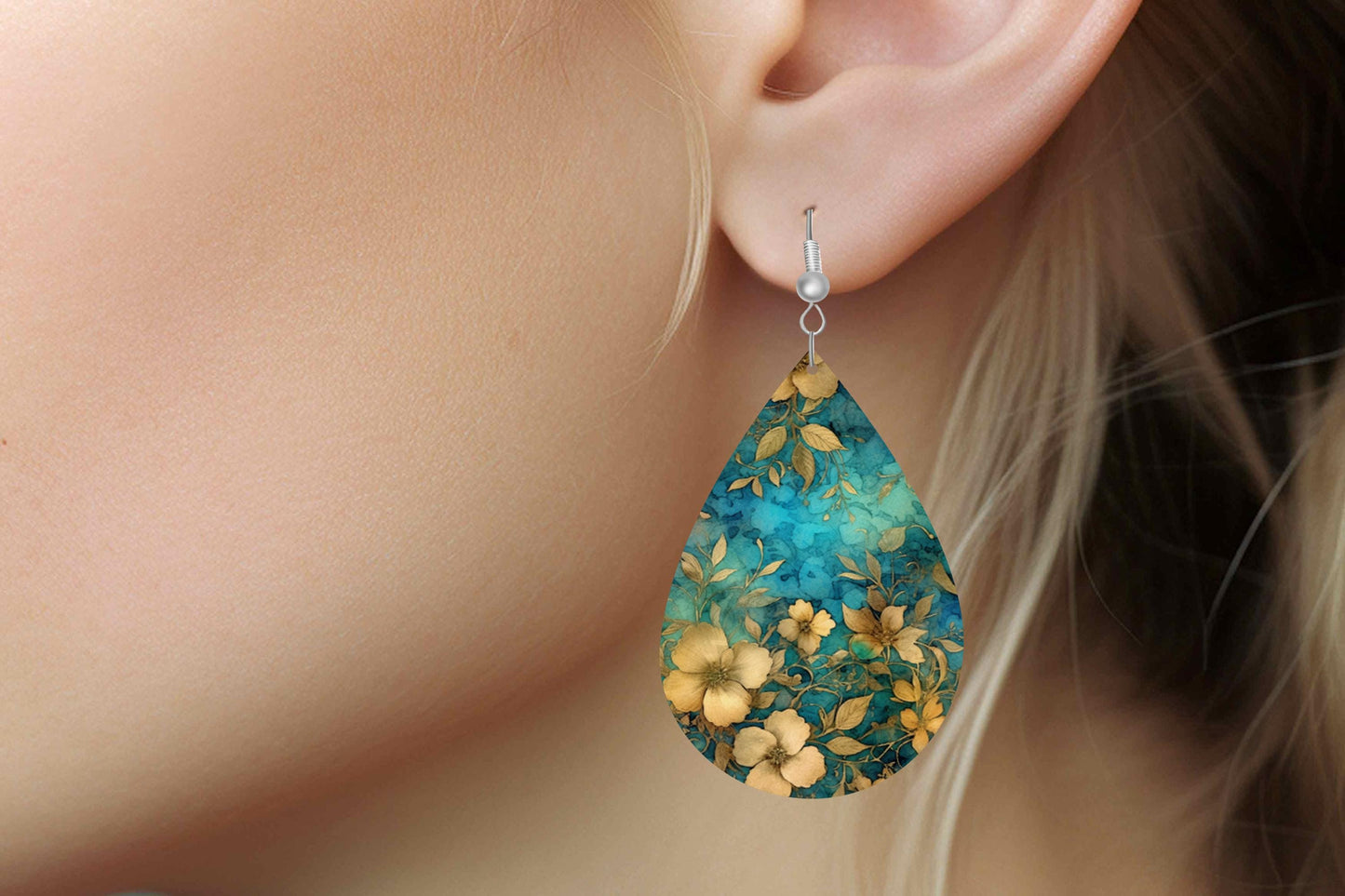 New Release Gold Blooms Print Earrings, Teardrop Dangle Printed Earrings Jewelry Handmade