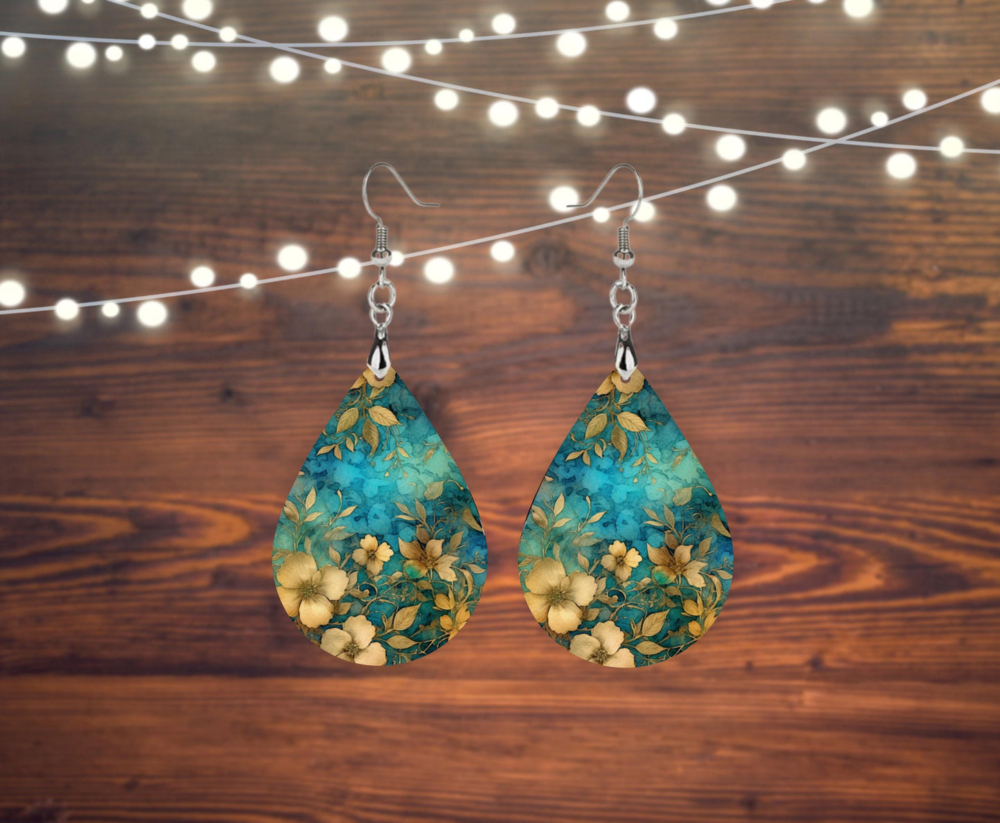 New Release Gold Blooms Print Earrings, Teardrop Dangle Printed Earrings Jewelry Handmade