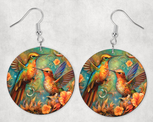 Floral Hummingbirds Round Wood Dangle Earrings Hypoallergenic Jewelry