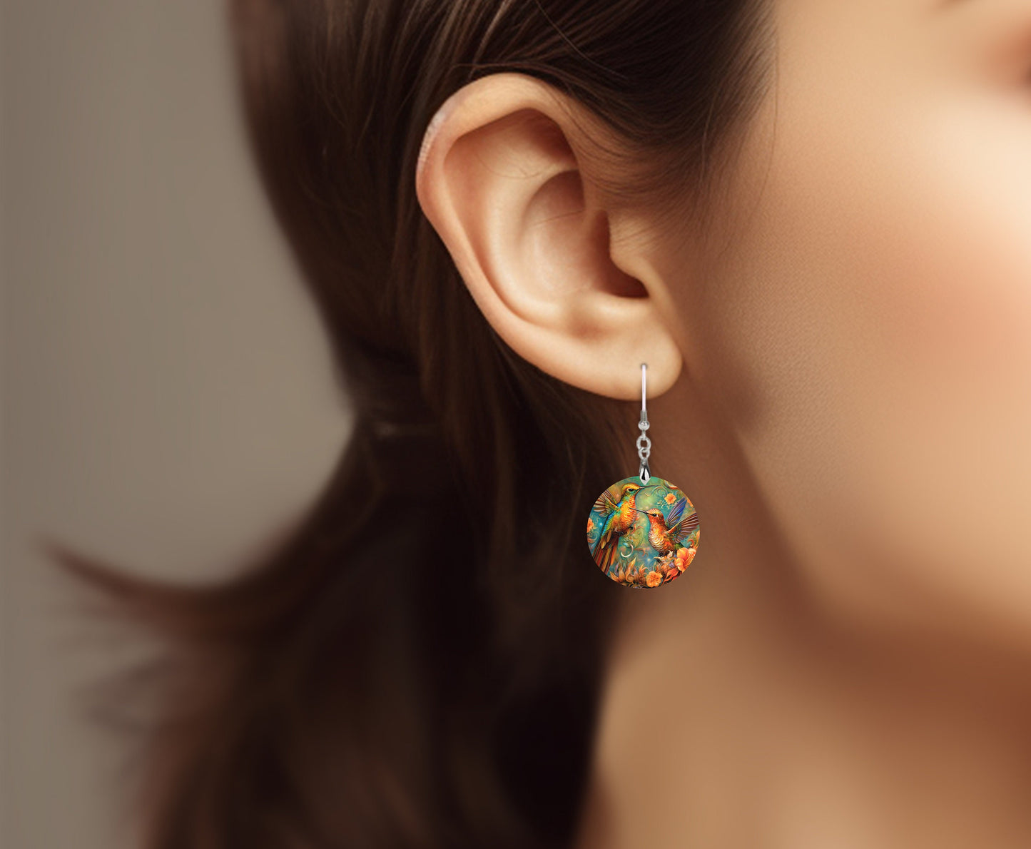 Floral Hummingbirds Round Wood Dangle Earrings Hypoallergenic Jewelry