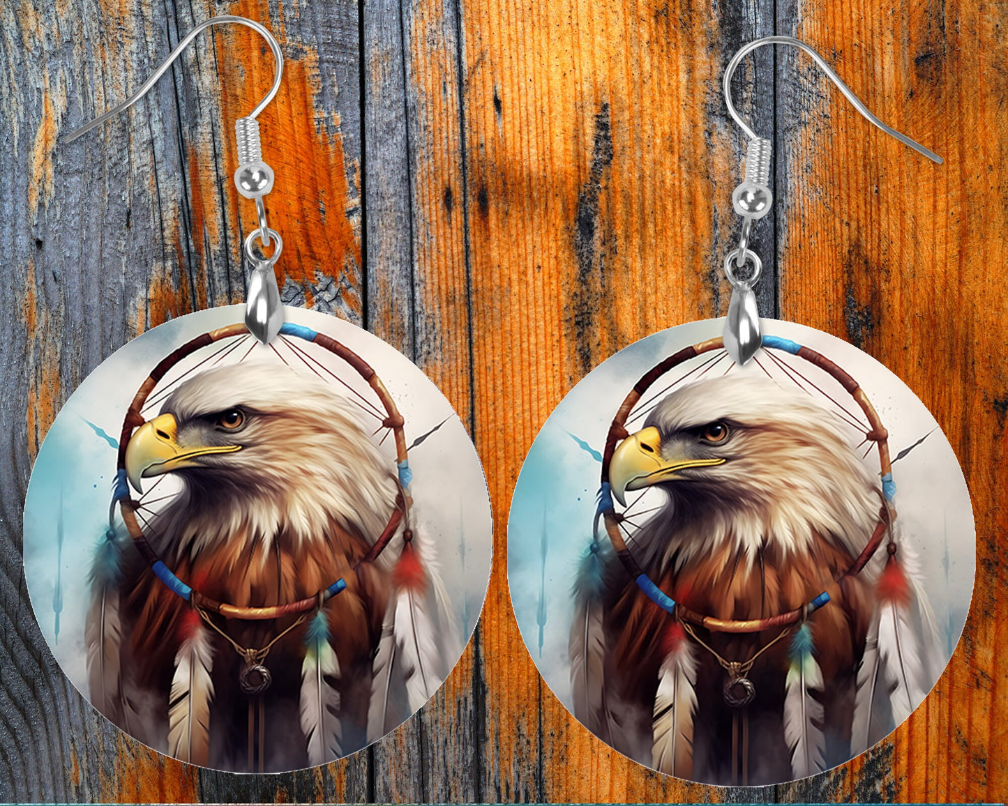 Native American Eagle Round Wood Dangle Earrings Hypoallergenic Jewelry