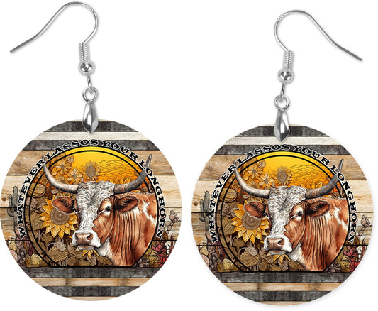 Whatever Lassos Your Longhorn Round Wood Dangle Earrings Hypoallergenic Jewelry