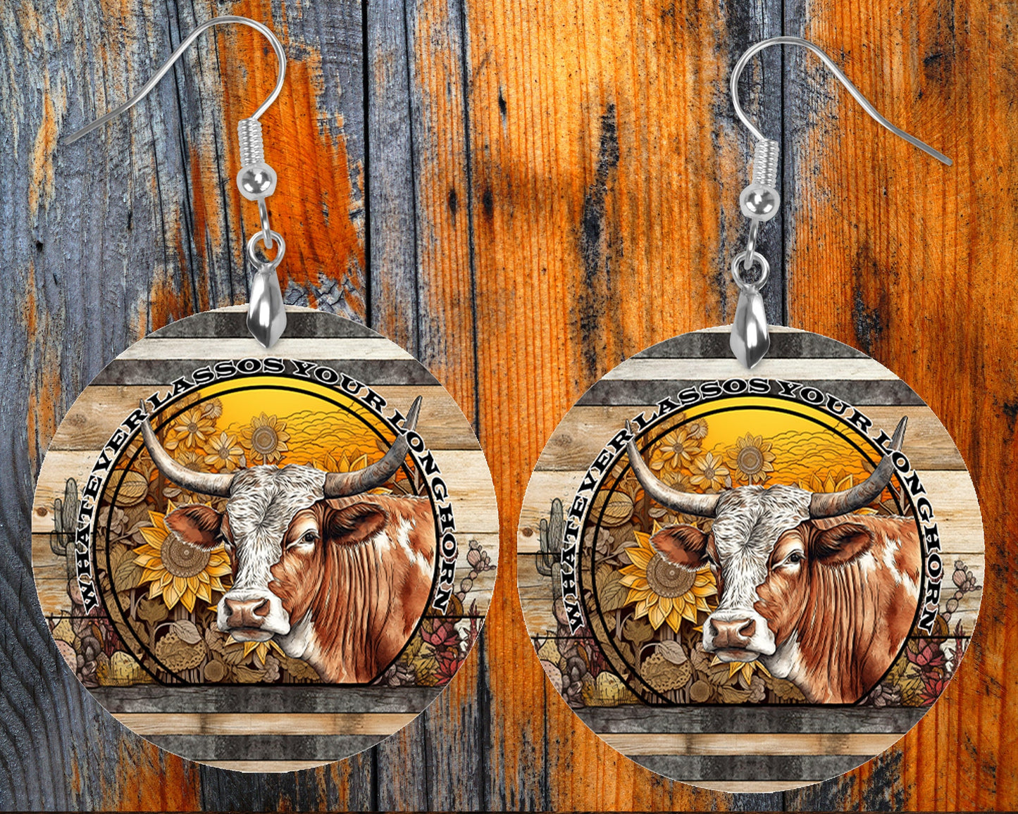 Whatever Lassos Your Longhorn Round Wood Dangle Earrings Hypoallergenic Jewelry