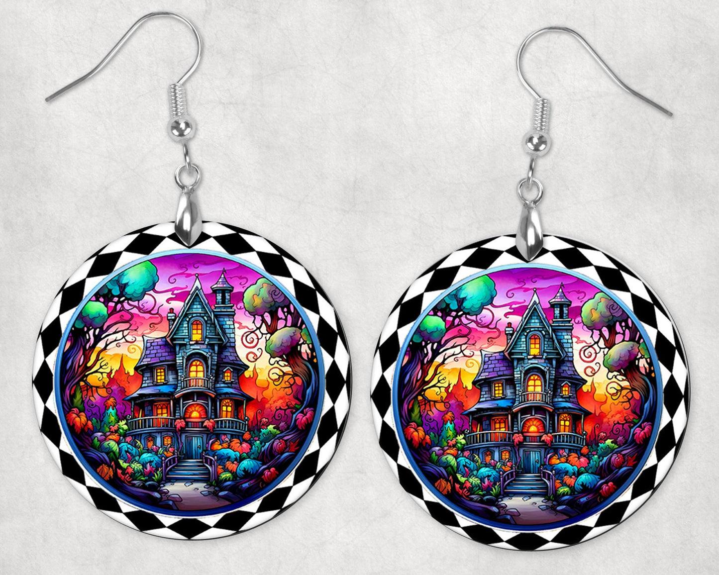 New Release, Halloween Haunted House Round Printed Wood Earrings Handmade Jewelry