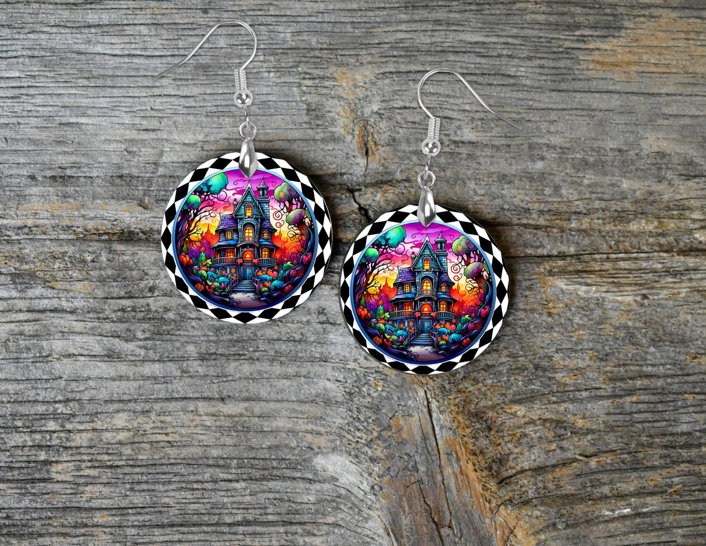 New Release, Halloween Haunted House Round Printed Wood Earrings Handmade Jewelry