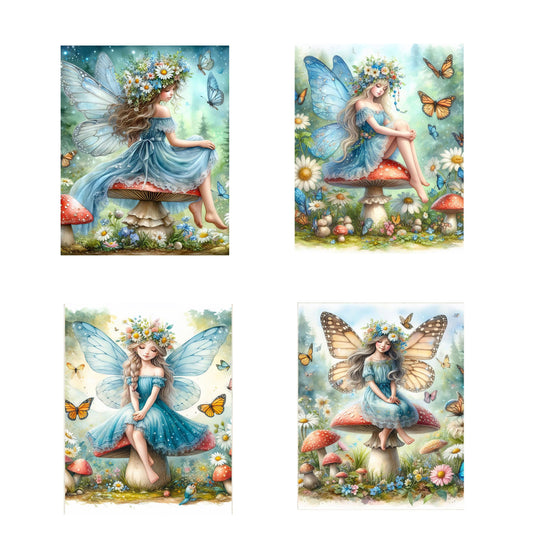 Set of 4  8x10 Blue Fairies on Mushrooms Wall Art Canvas Print, Contemporary Wall Art