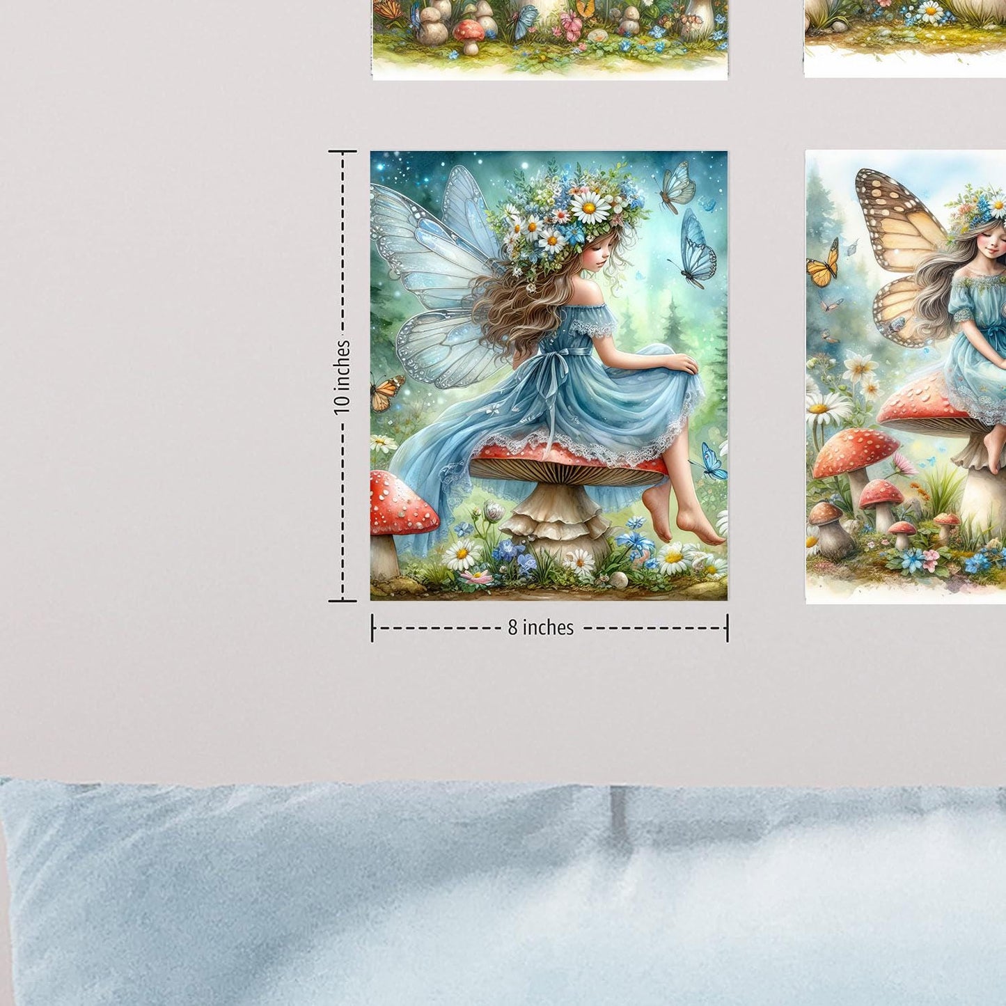 Set of 4  8x10 Blue Fairies on Mushrooms Wall Art Canvas Print, Contemporary Wall Art