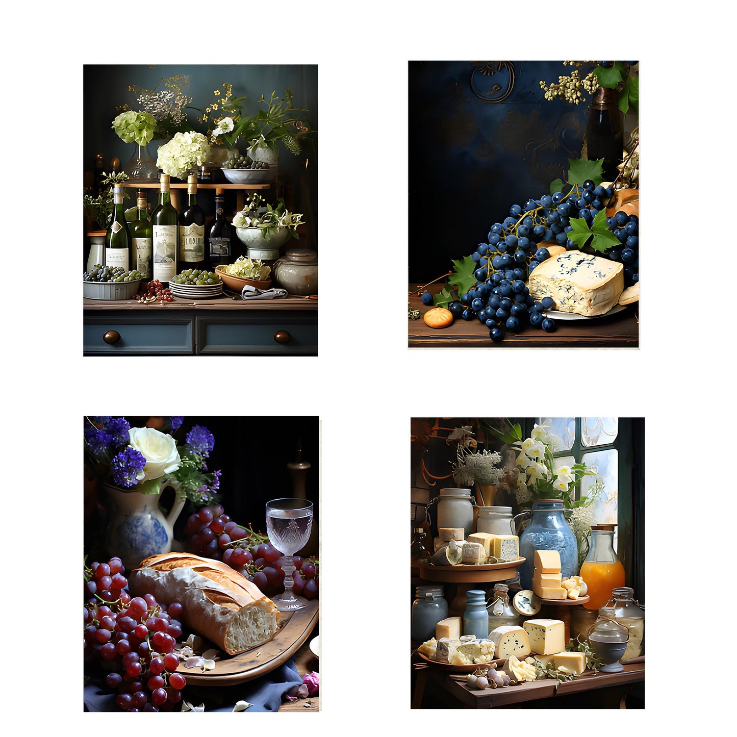 Set of 4  8x10 French Wine and Cheese Wall Art Canvas Print, Contemporary Wall Art