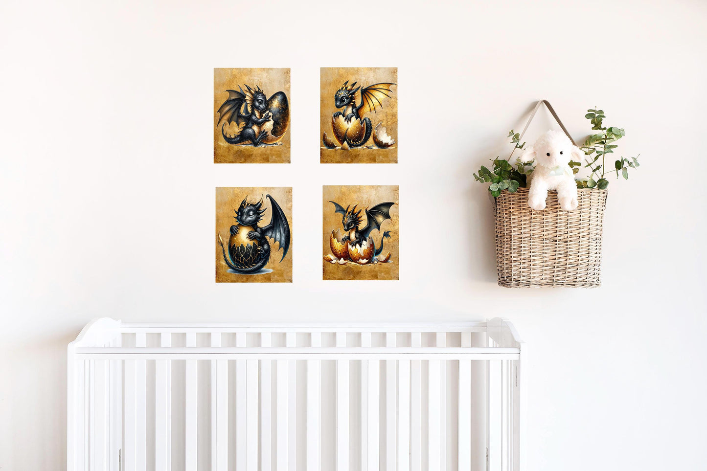 Set of 4  8x10 Black and Gold Dragons Wall Art, Canvas Prints, Contemporary Wall Art