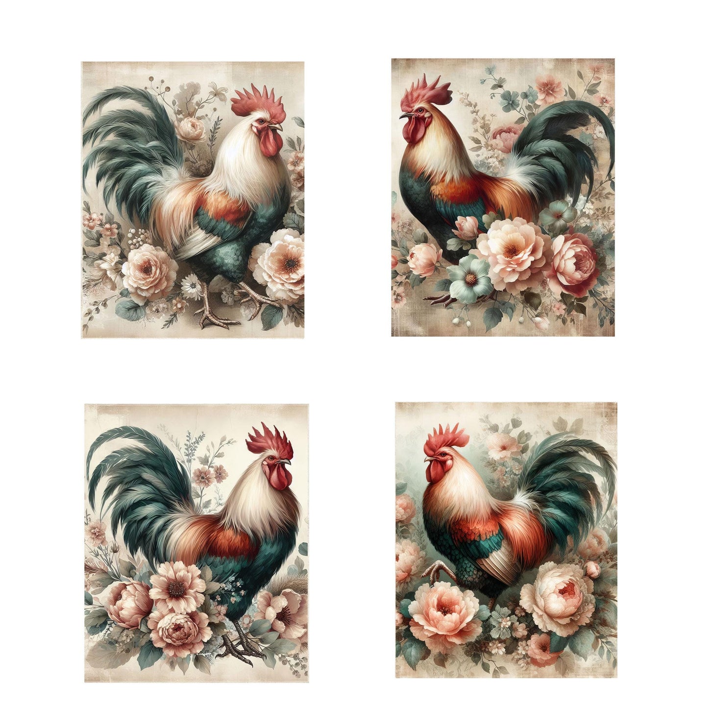 Set of 4  8x10 Floral Rooster Wall Art, Canvas Prints, Contemporary Wall Art