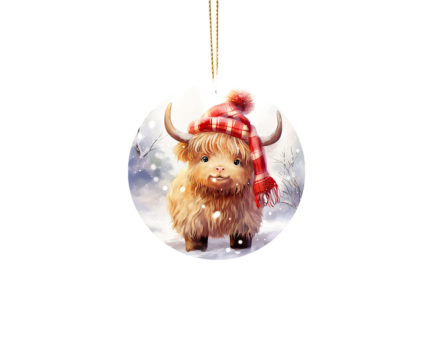 Red Check Hat Highland Cow Christmas Ornament, Ceramic Christmas Ornament, Christmas Decorations