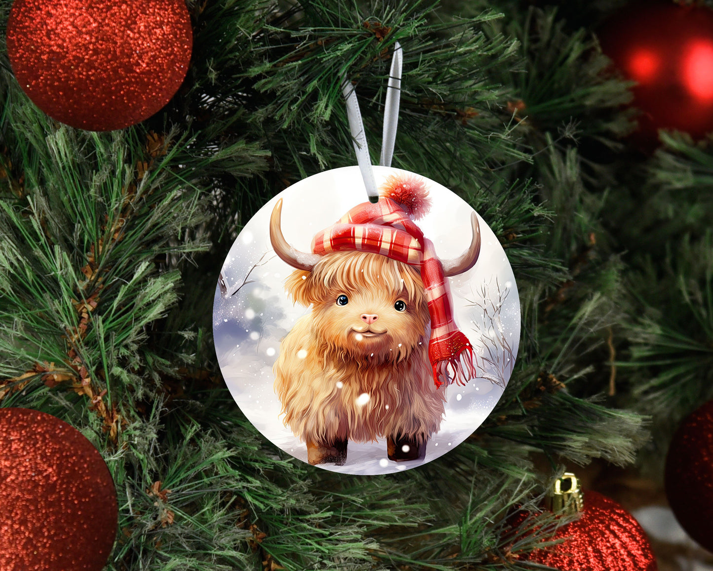 Red Check Hat Highland Cow Christmas Ornament, Ceramic Christmas Ornament, Christmas Decorations