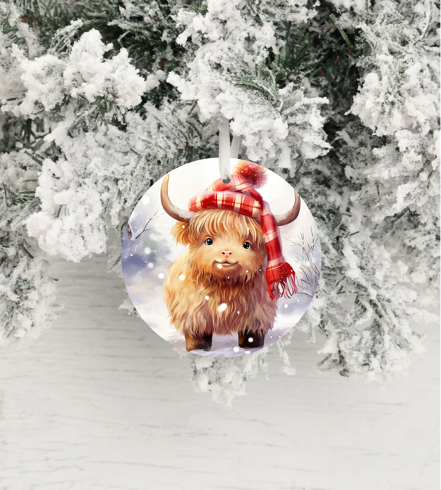 Red Check Hat Highland Cow Christmas Ornament, Ceramic Christmas Ornament, Christmas Decorations