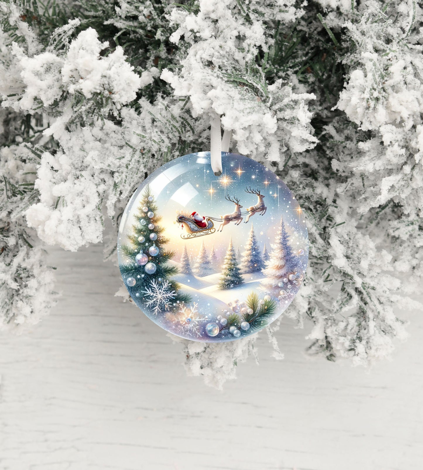 Santa Sleigh Over White Forest Ornament, Ceramic Christmas Ornament, Christmas Decorations