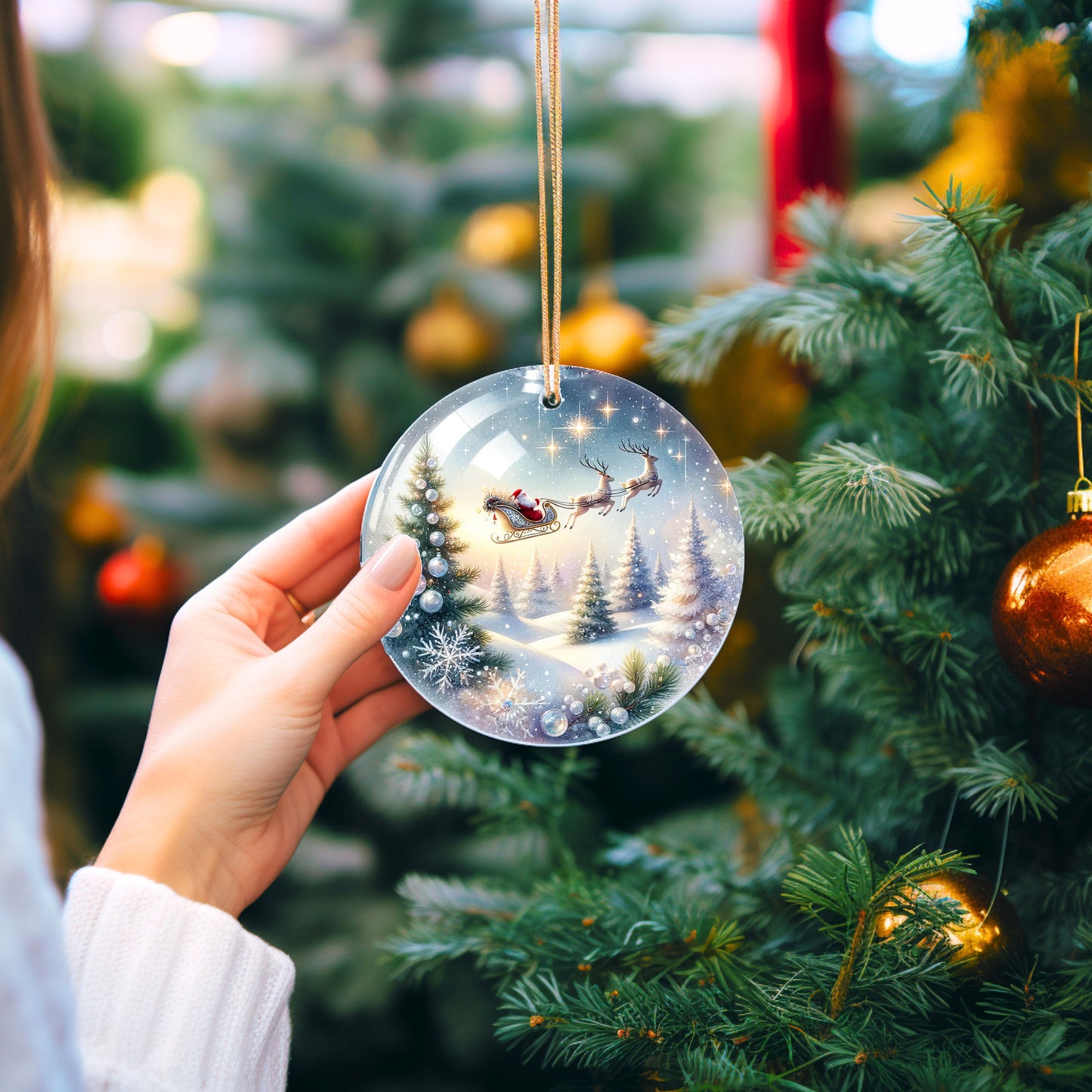 Santa Sleigh Over White Forest Ornament, Ceramic Christmas Ornament, Christmas Decorations