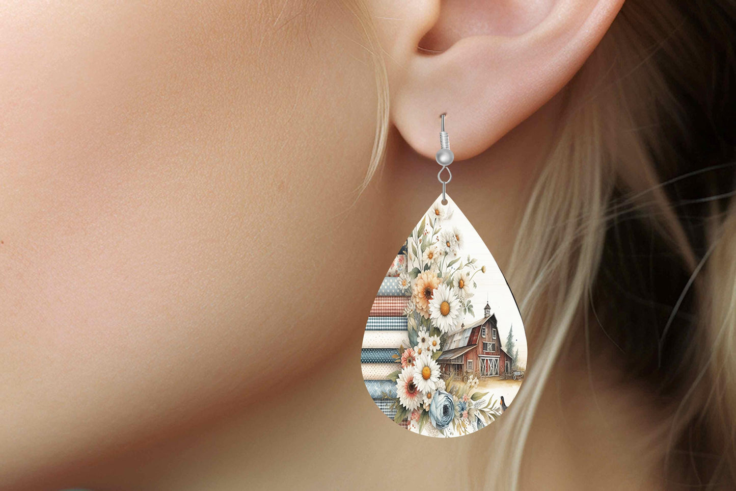 Rustic Barn Print Earrings, Teardrop Dangle Printed Earrings Jewelry Handmade