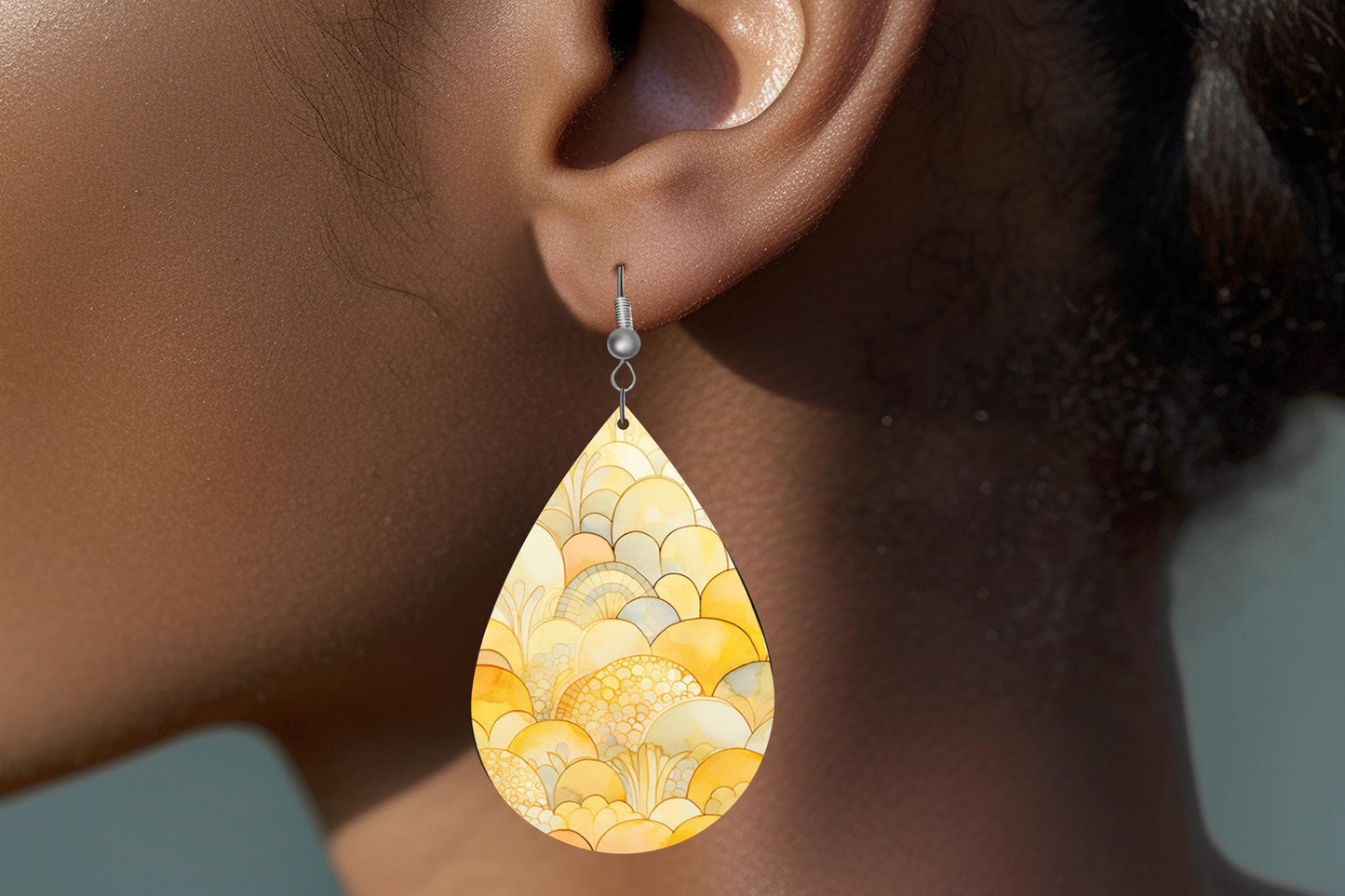 Yellow Fans Print Earrings, Teardrop Dangle Printed Earrings Jewelry Handmade