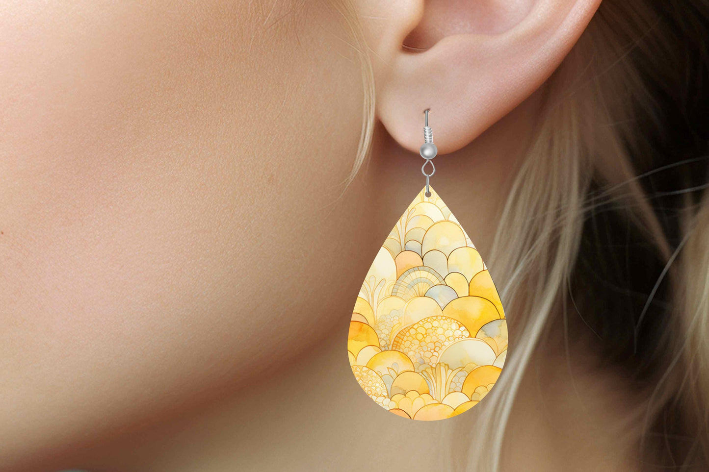 Yellow Fans Print Earrings, Teardrop Dangle Printed Earrings Jewelry Handmade