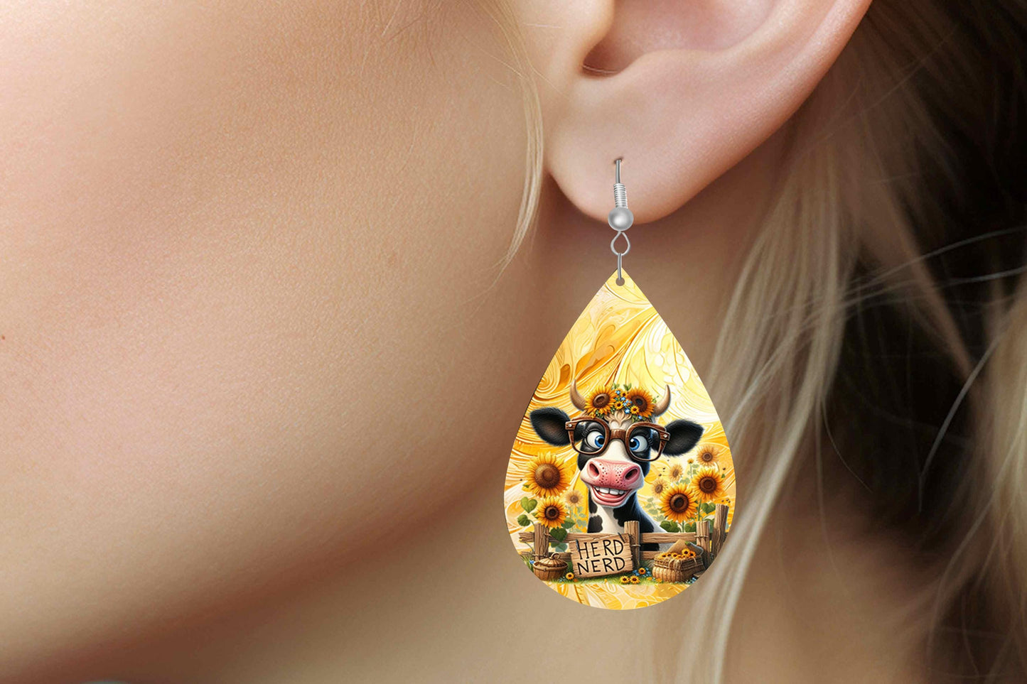 Herd Nerd Print Earrings, Teardrop Dangle Printed Earrings Jewelry Handmade