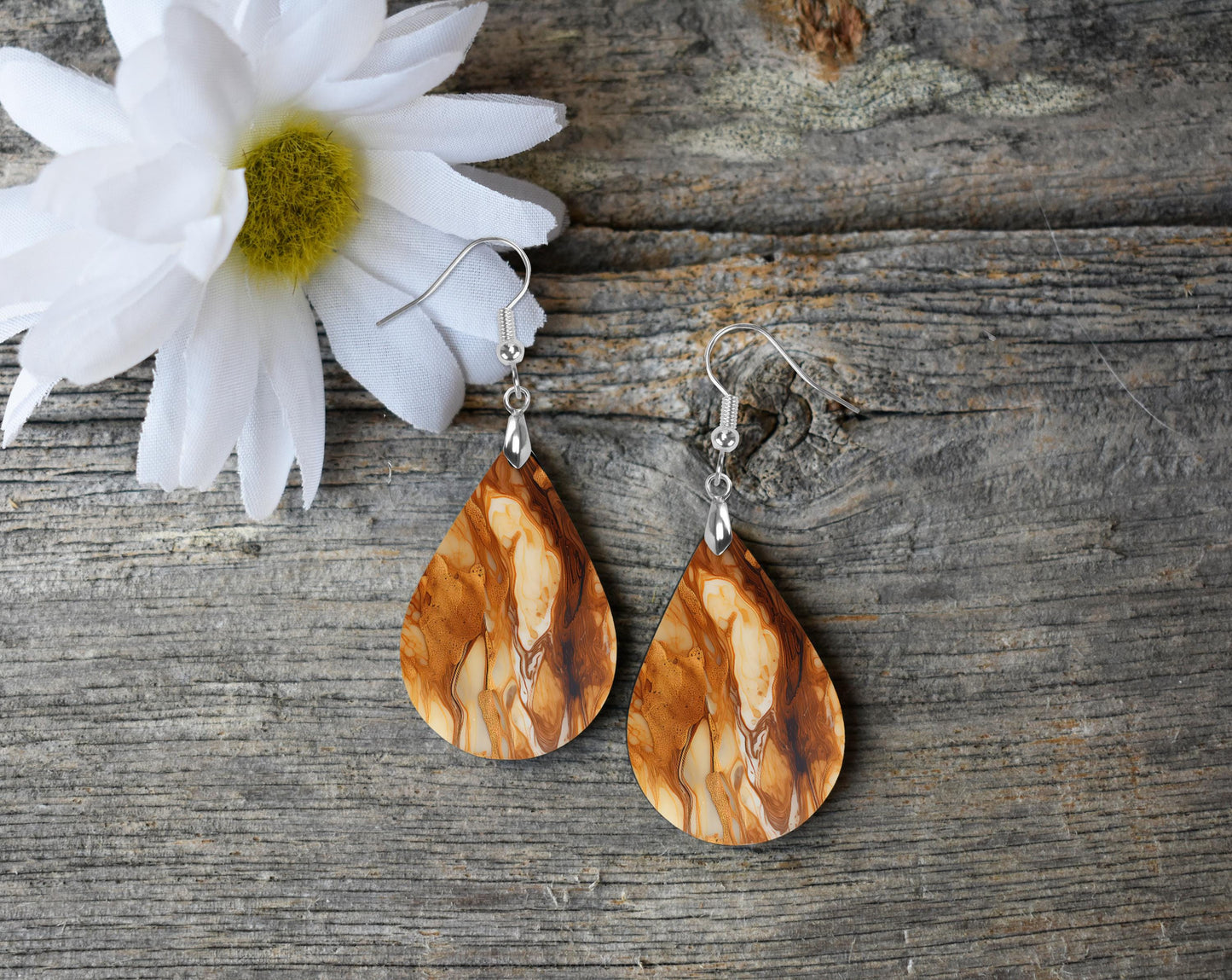 Amber Marble Print Earrings Print Tear Drop Wood Dangle Earrings Hypoallergenic Jewelry