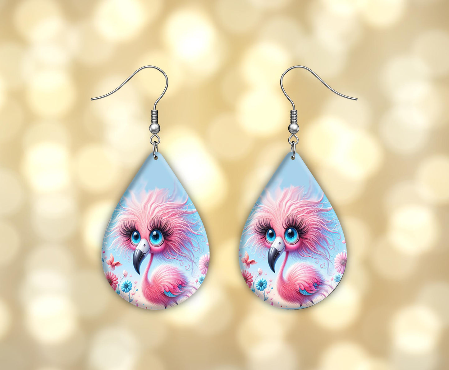 Quirky Pink Flamingo Print Earrings Print Tear Drop Wood Dangle Earrings Hypoallergenic Jewelry