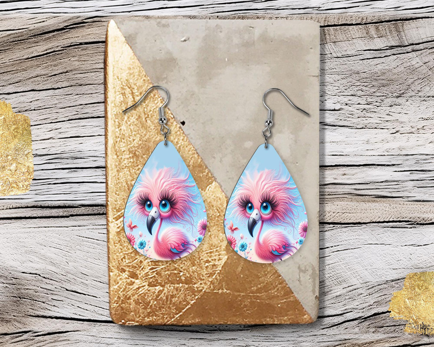 Quirky Pink Flamingo Print Earrings Print Tear Drop Wood Dangle Earrings Hypoallergenic Jewelry