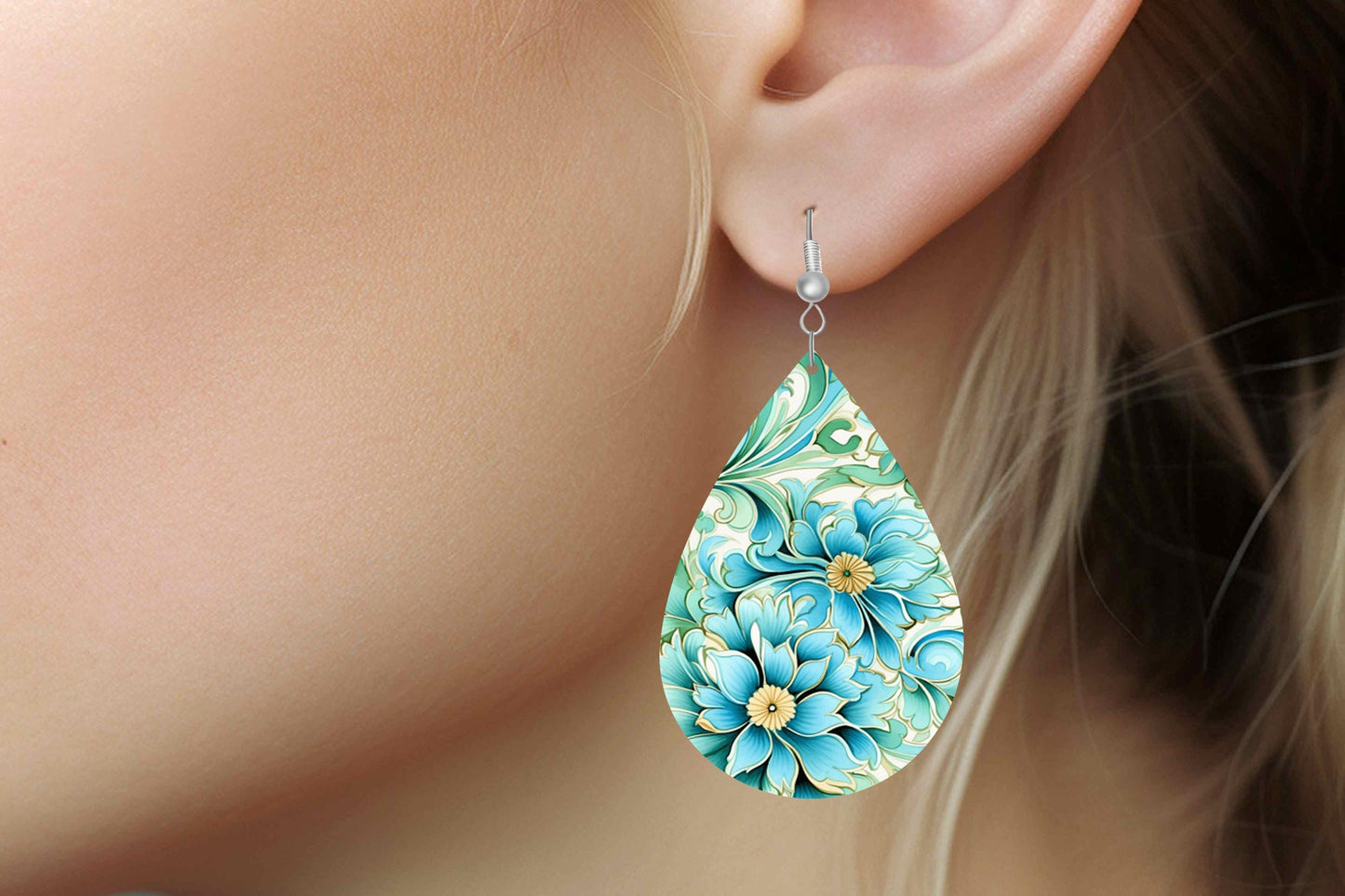 Savannah Floral Print Earrings Print Tear Drop Wood Dangle Earrings Hypoallergenic Jewelry