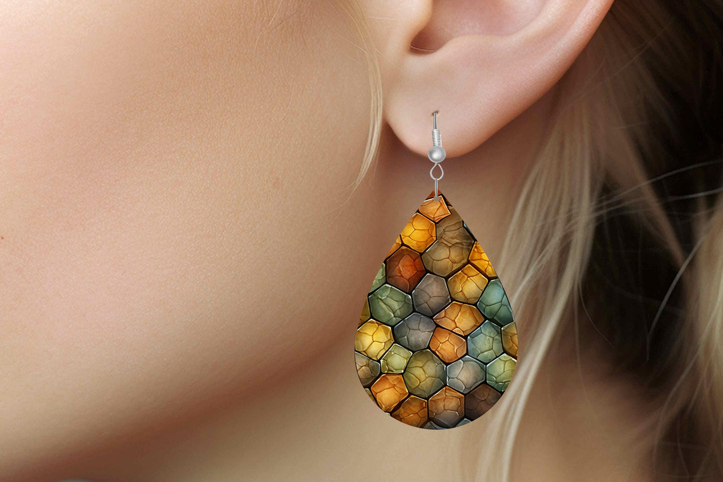 Turtle Shell Print Earrings Print Tear Drop Wood Dangle Earrings Hypoallergenic Jewelry