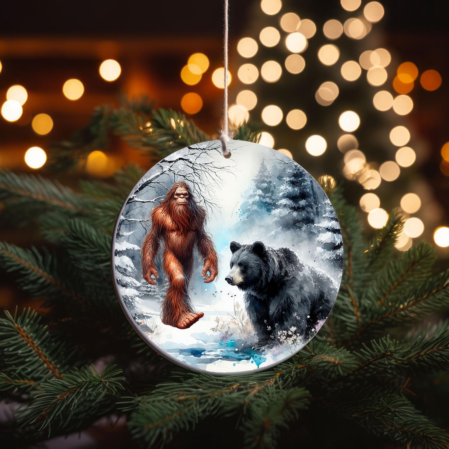 Bigfoot and Black Bear Ornament, Ceramic Christmas Ornament