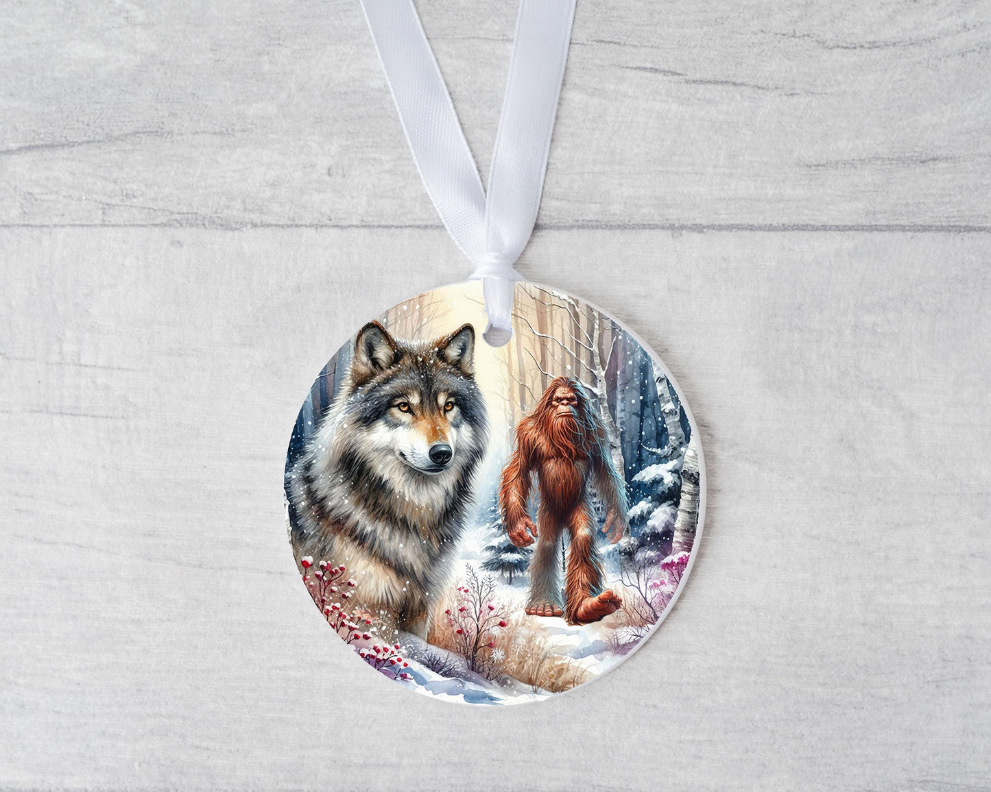 Bigfoot and Wolf Ornament, Ceramic Christmas Ornament