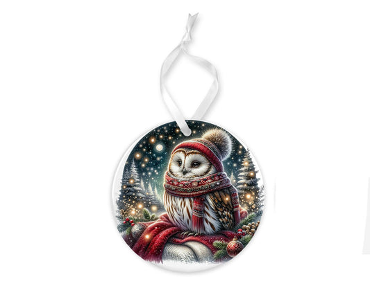 Owl in Red Scarf Ornament, Ceramic Christmas Ornament