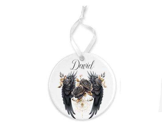 Personalized Christmas Ornament Black and Gold Angel Wings Ceramic Christmas Ornament