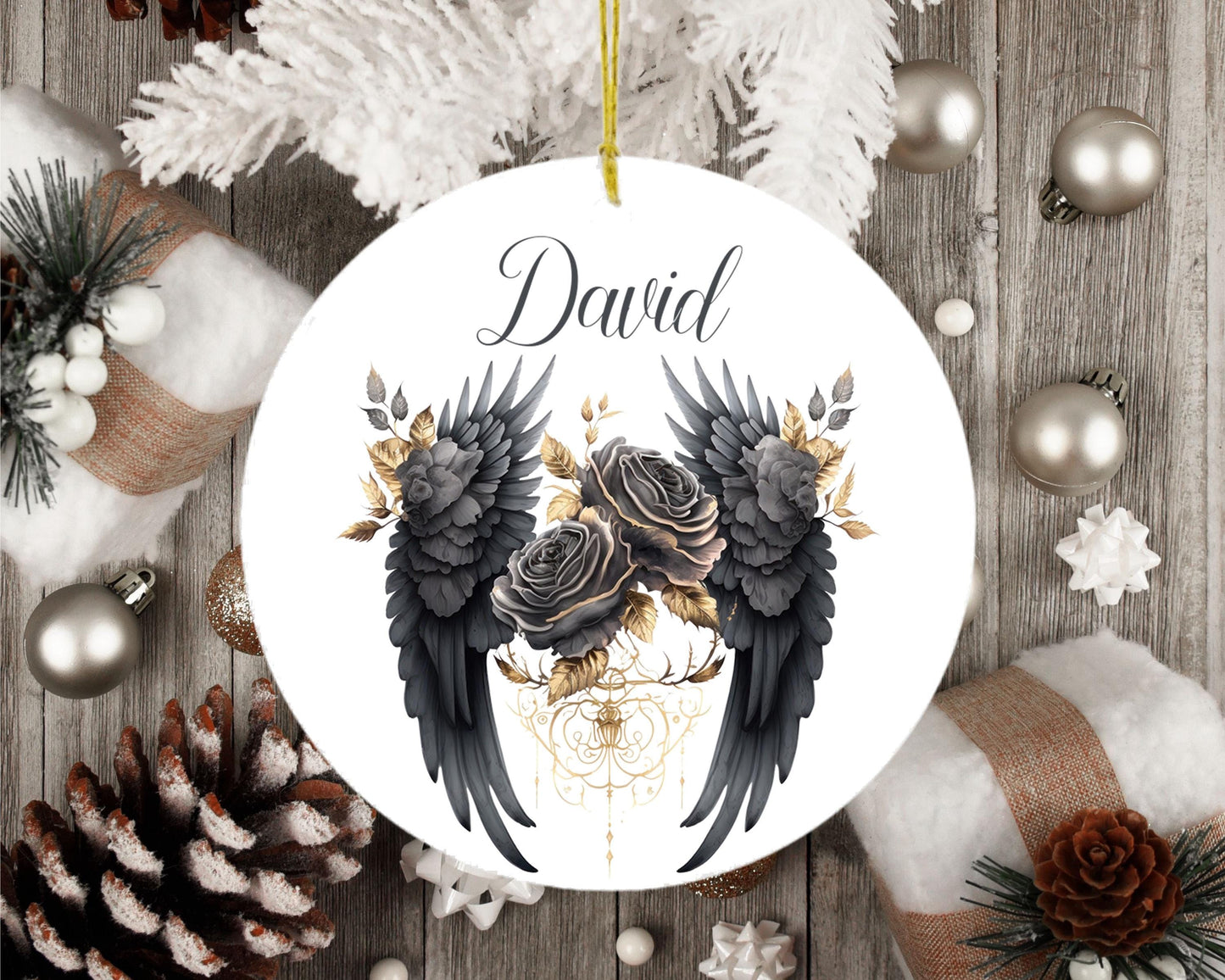 Personalized Christmas Ornament Black and Gold Angel Wings Ceramic Christmas Ornament