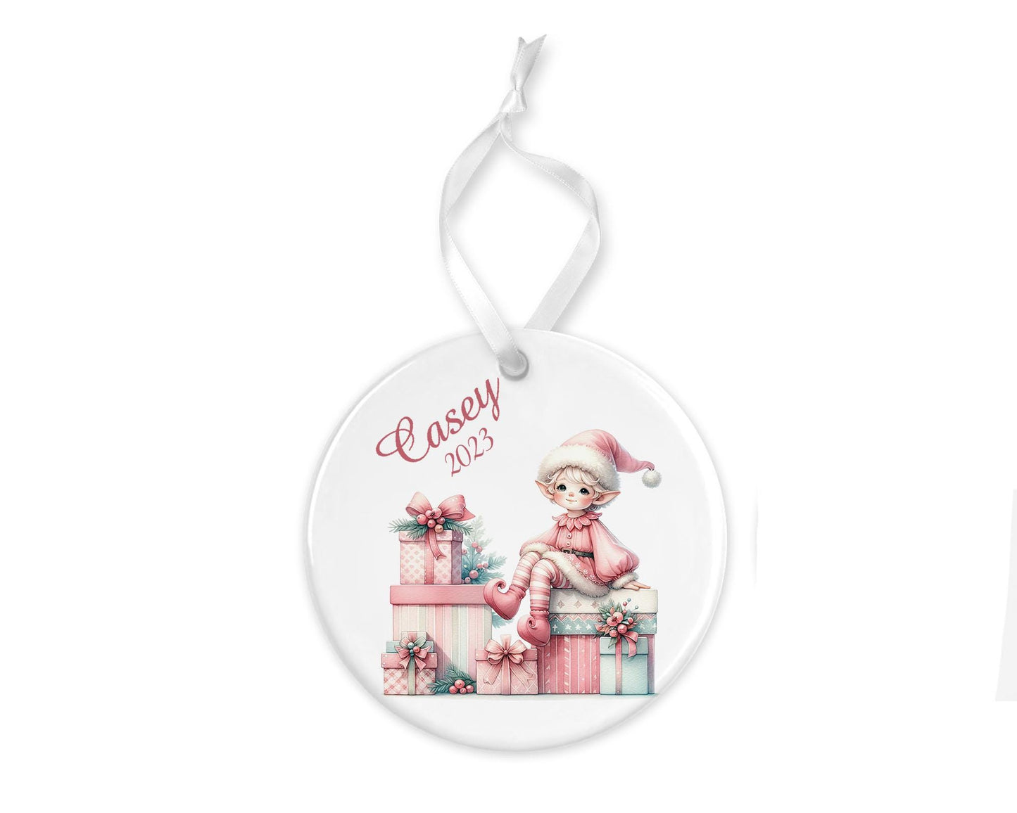 Personalized Pink Elf Christmas Ornament, Ceramic Christmas Ornament