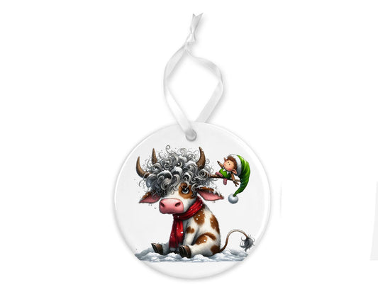 Christmas Cow and Elf Christmas Ornament, Ceramic Christmas Ornament, Christmas Decorations