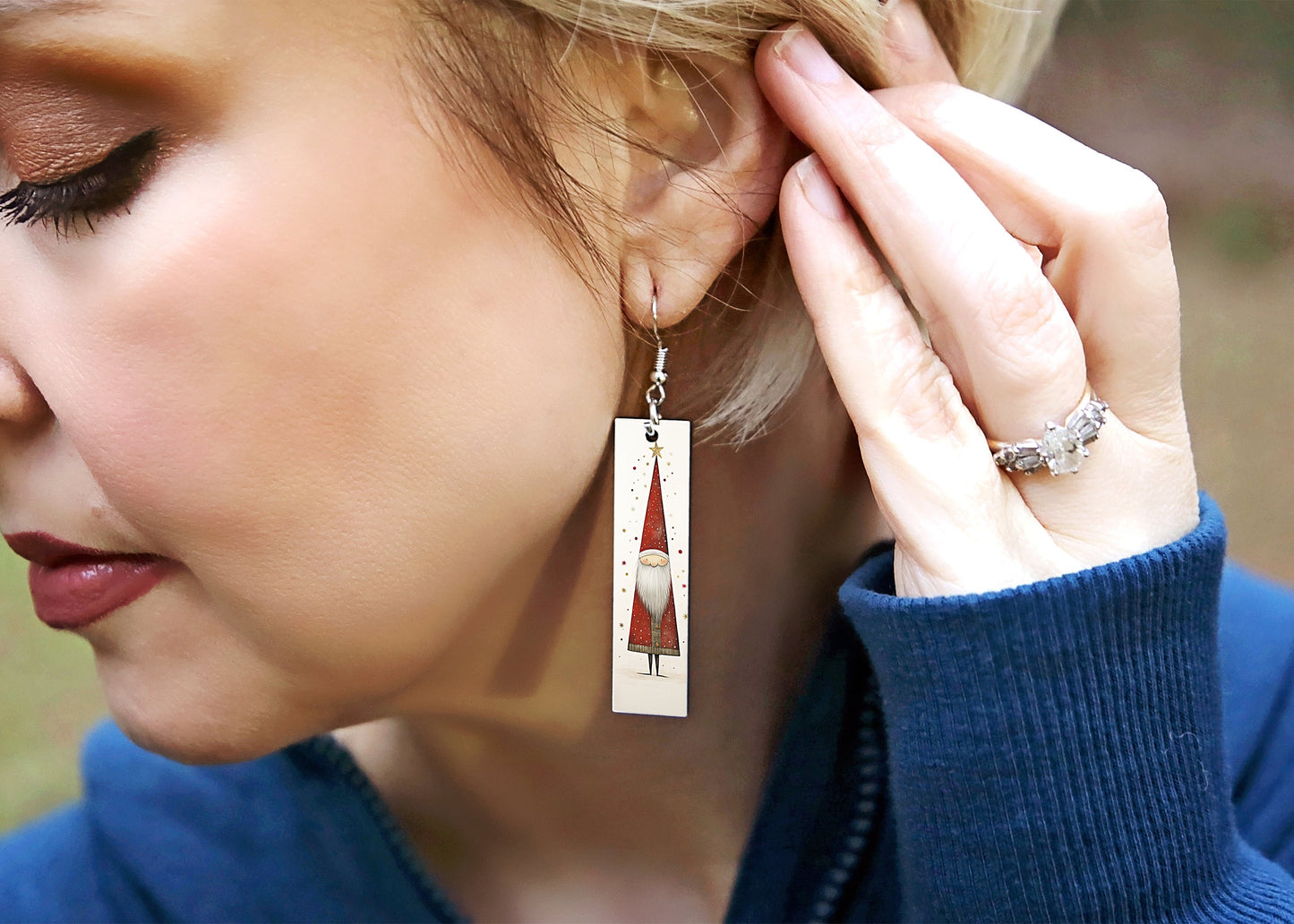 New Release Triangle Santa Bar Printed Wood Dangle Earrings Hypoallergenic Jewelry Handmade