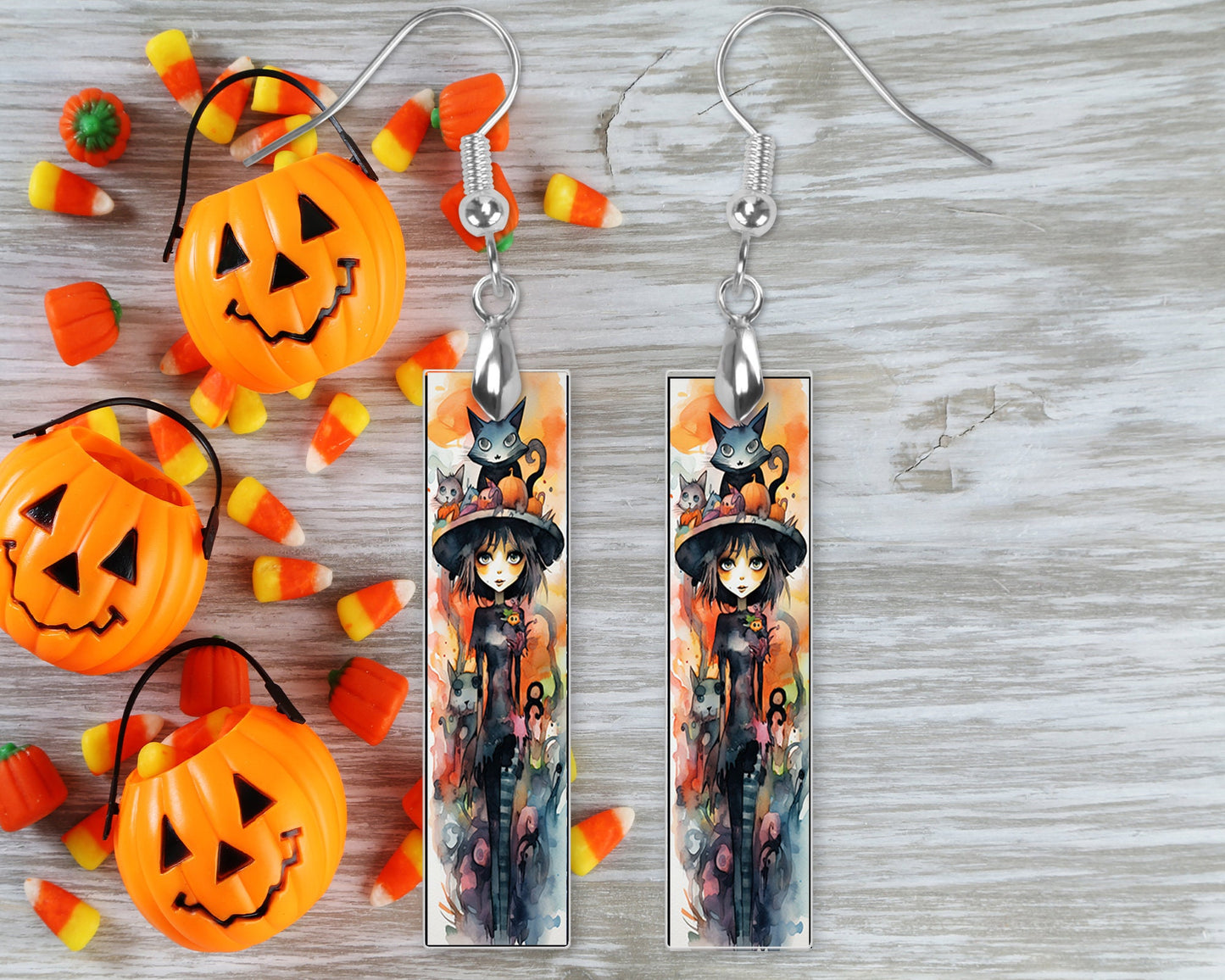 New Release Halloween Cat Girl Bar Printed Wood Dangle Earrings Hypoallergenic Jewelry Handmade