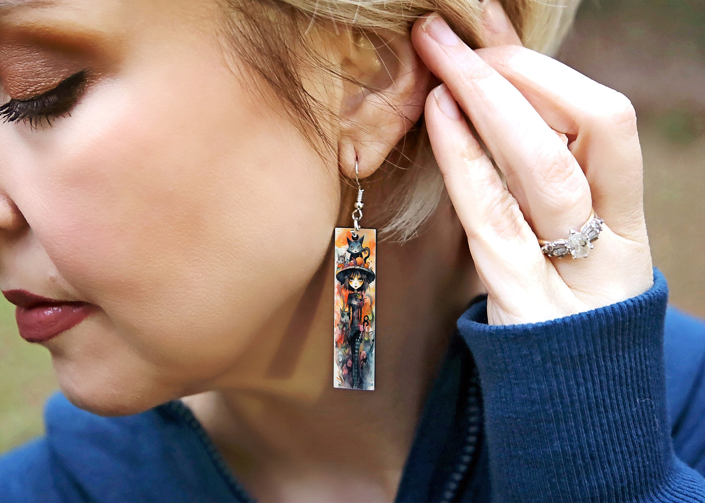 New Release Halloween Cat Girl Bar Printed Wood Dangle Earrings Hypoallergenic Jewelry Handmade