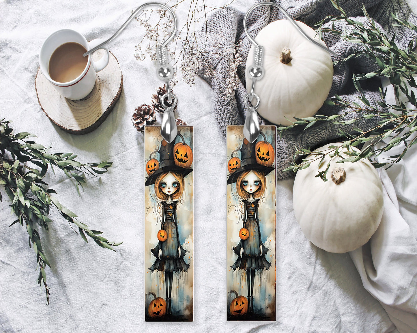 New Release Halloween Pumpkin Girl Bar Printed Wood Dangle Earrings Hypoallergenic Jewelry Handmade