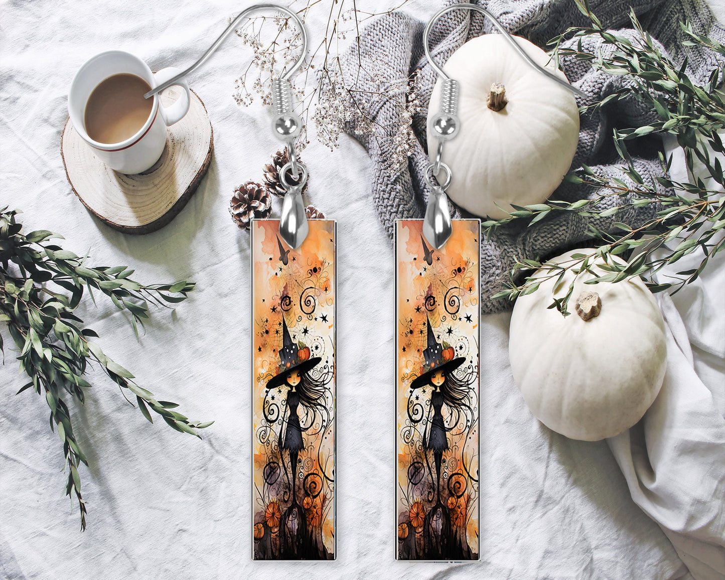 New Release Halloween Witch Girl Bar Printed Wood Dangle Earrings Hypoallergenic Jewelry Handmade