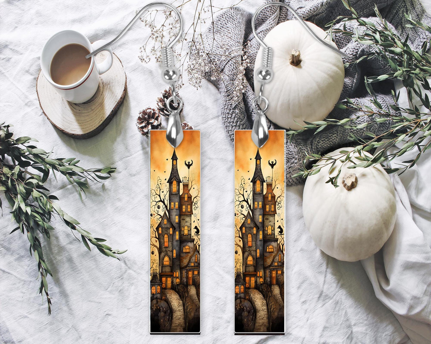 New Release, Halloween Haunted House Earrings, Bar Dangle Printed Earrings Jewelry Handmade