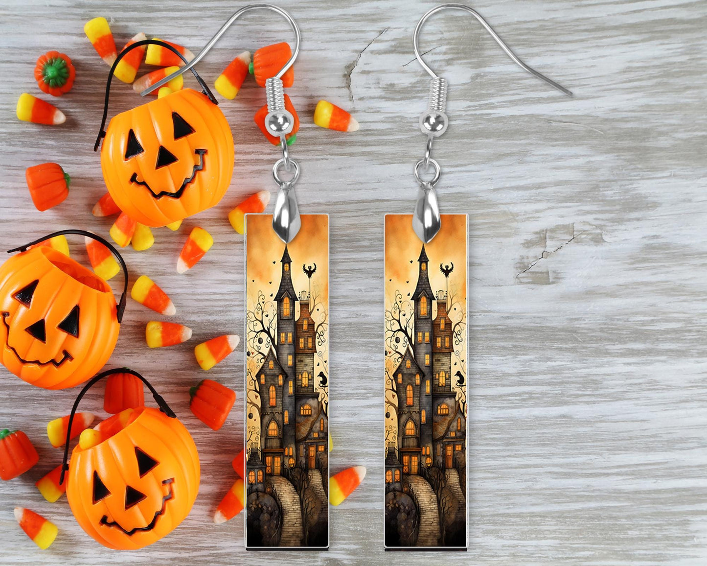 New Release, Halloween Haunted House Earrings, Bar Dangle Printed Earrings Jewelry Handmade