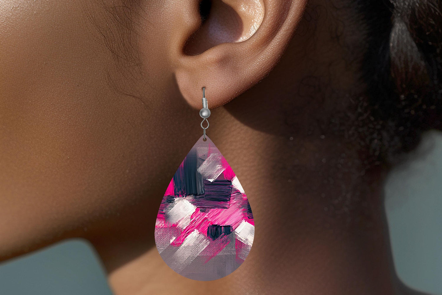 New Release Pink Black Abstract Print Earrings Tear Drop Wood Dangle Earrings Hypoallergenic Jewelry