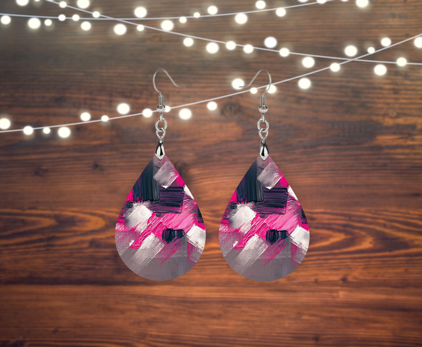 New Release Pink Black Abstract Print Earrings Tear Drop Wood Dangle Earrings Hypoallergenic Jewelry