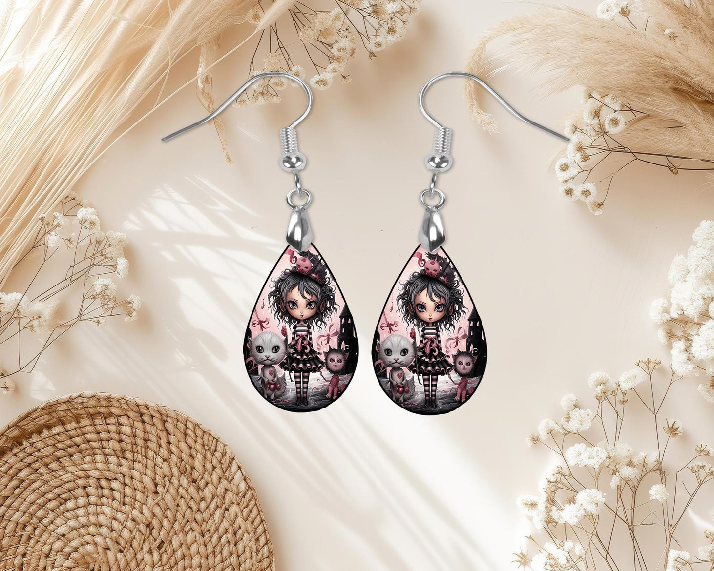 New Release Pink Goth Girl Print Earrings Tear Drop Wood Dangle Earrings Hypoallergenic Jewelry