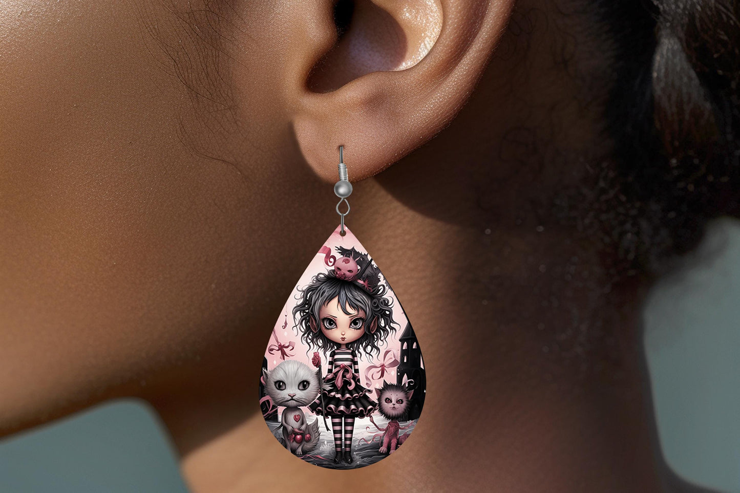 New Release Pink Goth Girl Print Earrings Tear Drop Wood Dangle Earrings Hypoallergenic Jewelry