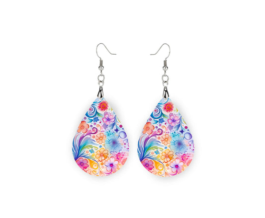 New Release Pretty Floral Print Earrings Tear Drop Wood Dangle Earrings Hypoallergenic Jewelry